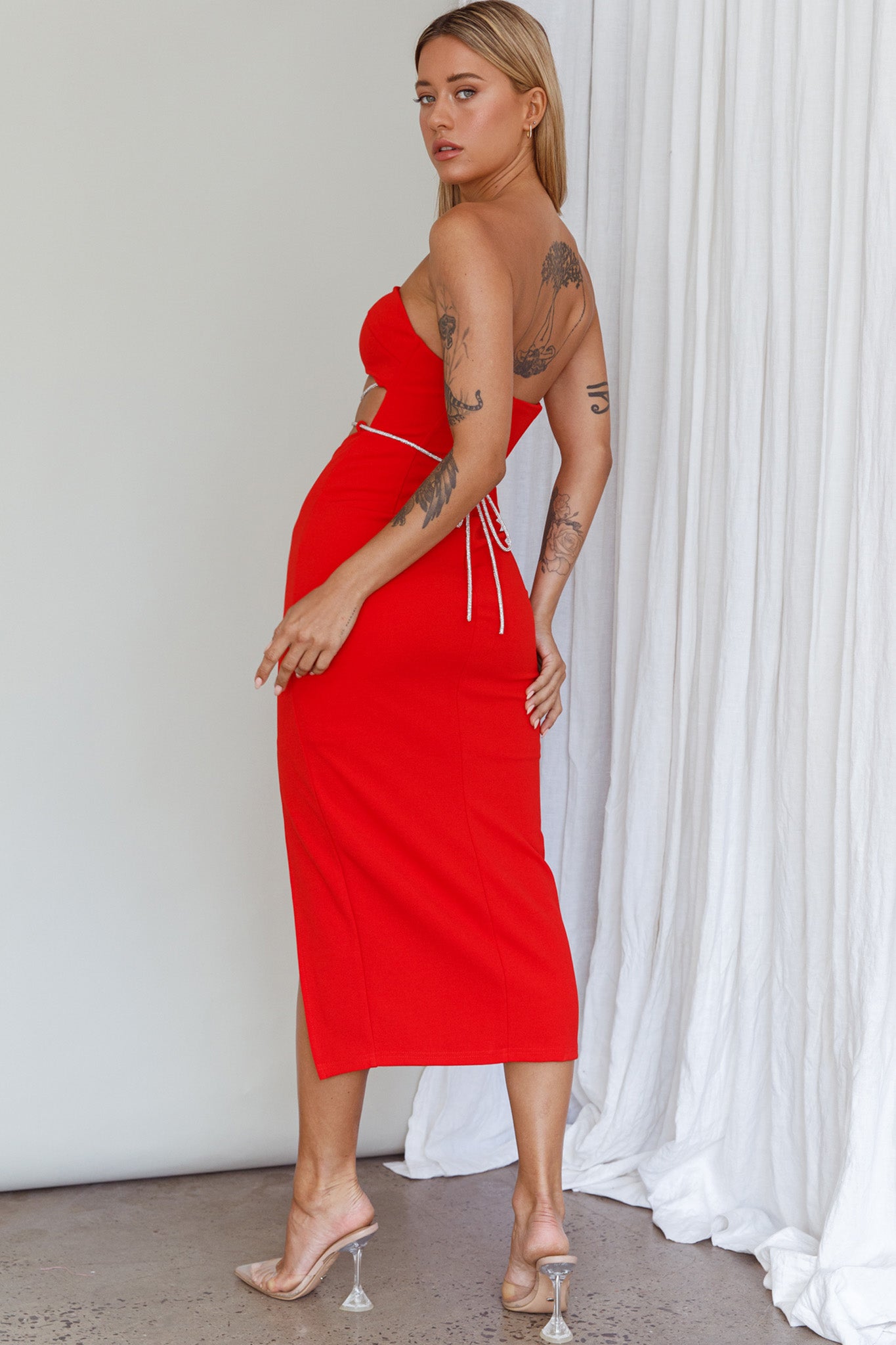 Nohemi Strapless Diamante Midi Dress Red by Selfie Leslie Australia