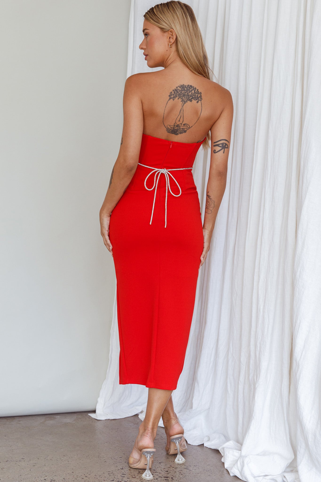 Nohemi Strapless Diamante Midi Dress Red by Selfie Leslie Australia