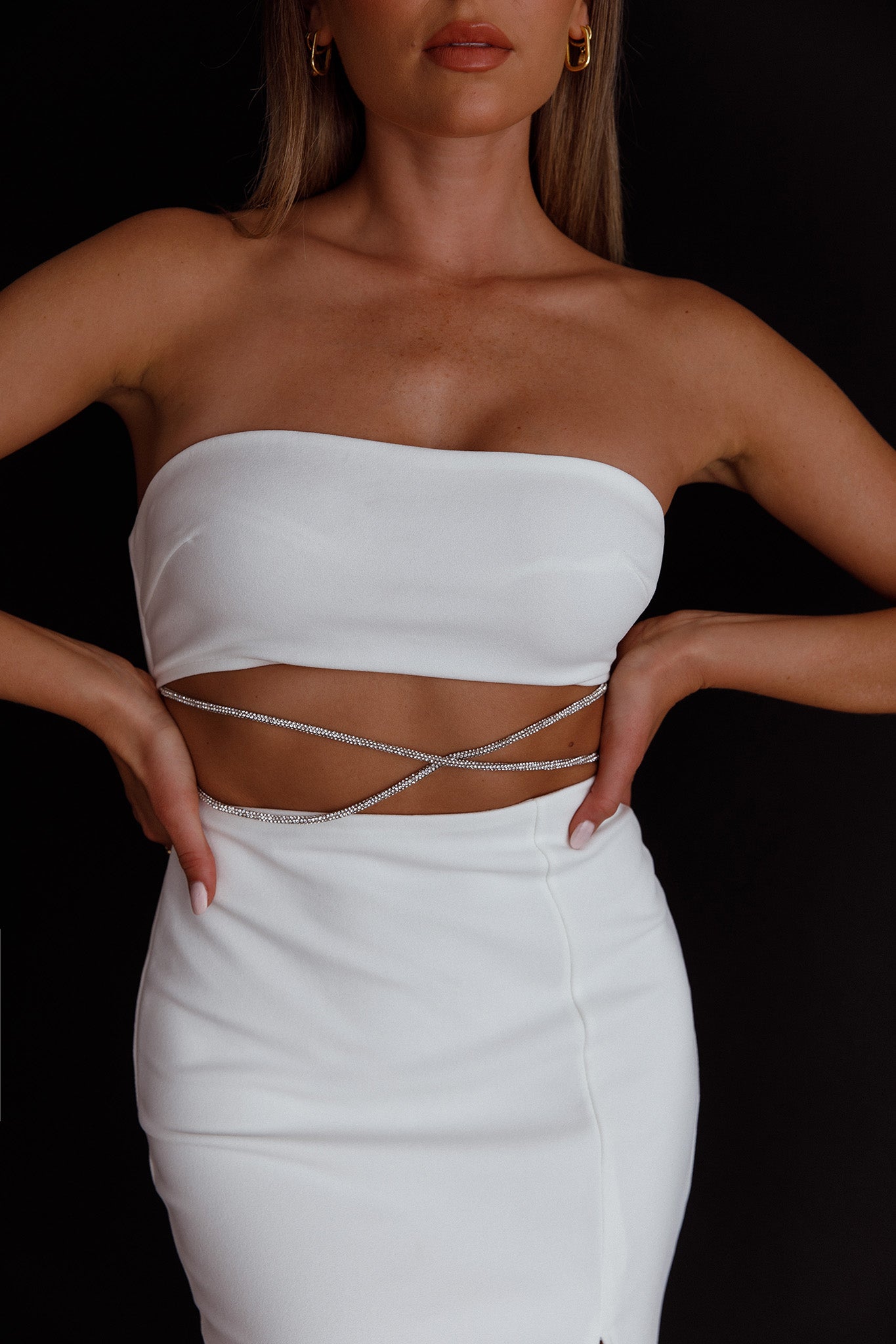 Nohemi Strapless Diamante Midi Dress White by Selfie Leslie