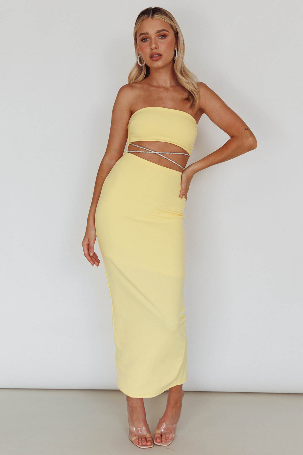 Nohemi Strapless Diamante Midi Dress Yellow by Selfie Leslie Australia