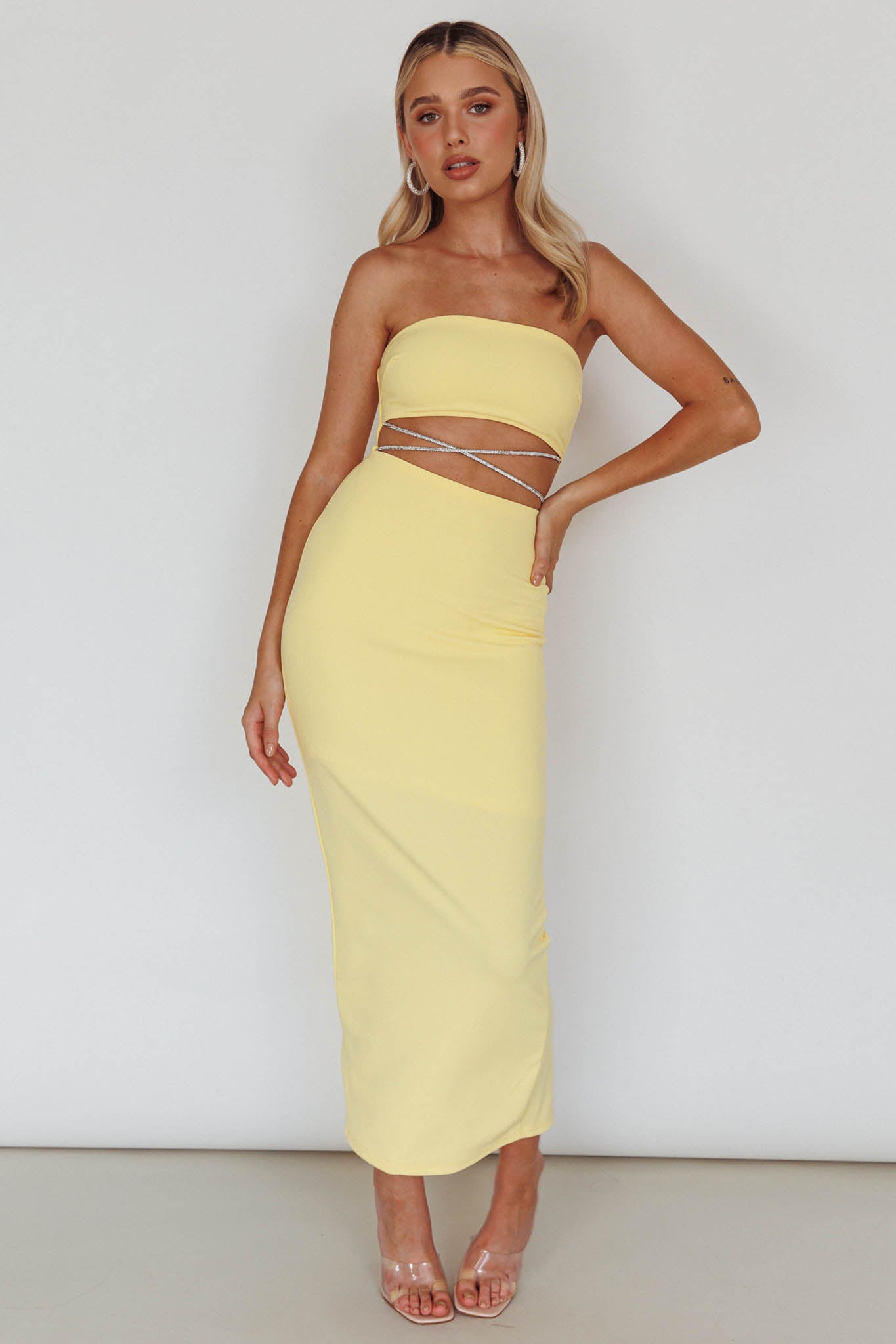 Nohemi Strapless Diamante Midi Dress Yellow by Selfie Leslie Australia