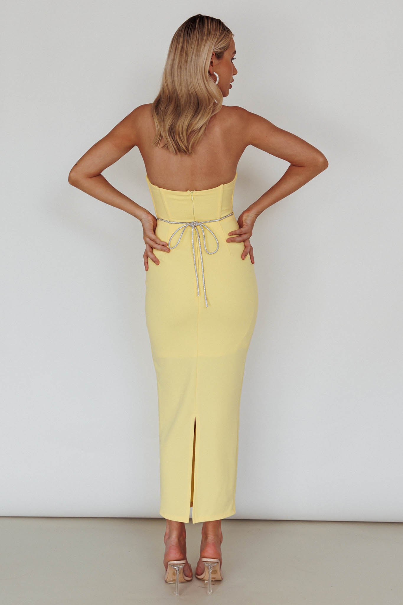 Nohemi Strapless Diamante Midi Dress Yellow by Selfie Leslie Australia