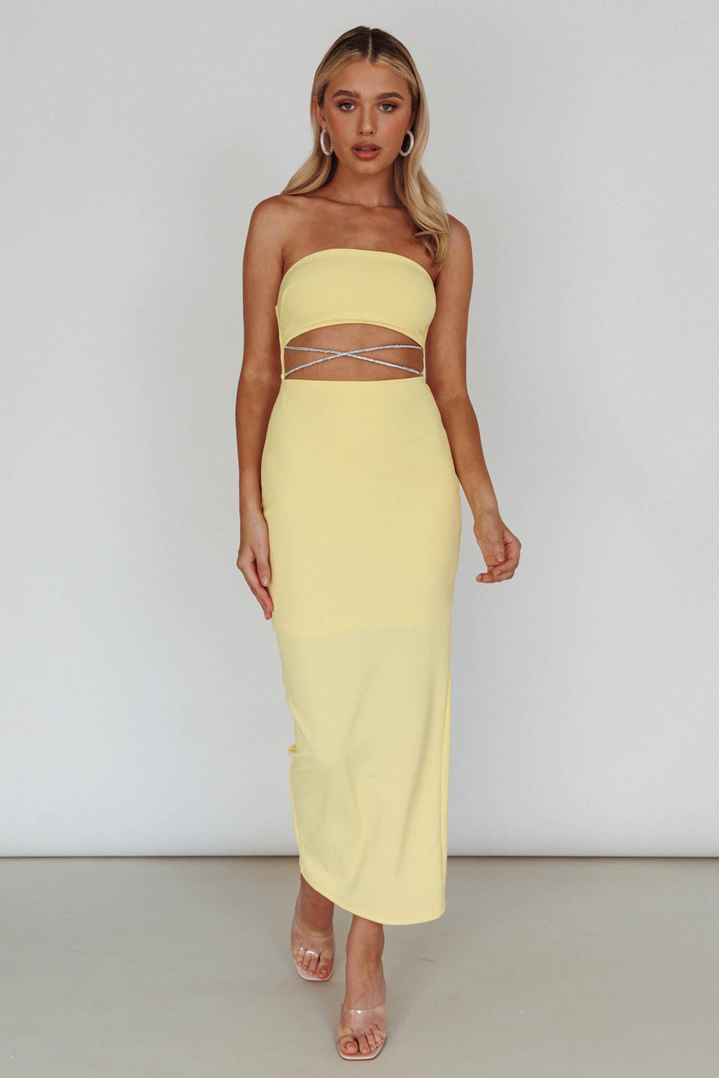 Nohemi Strapless Diamante Midi Dress Yellow by Selfie Leslie Australia