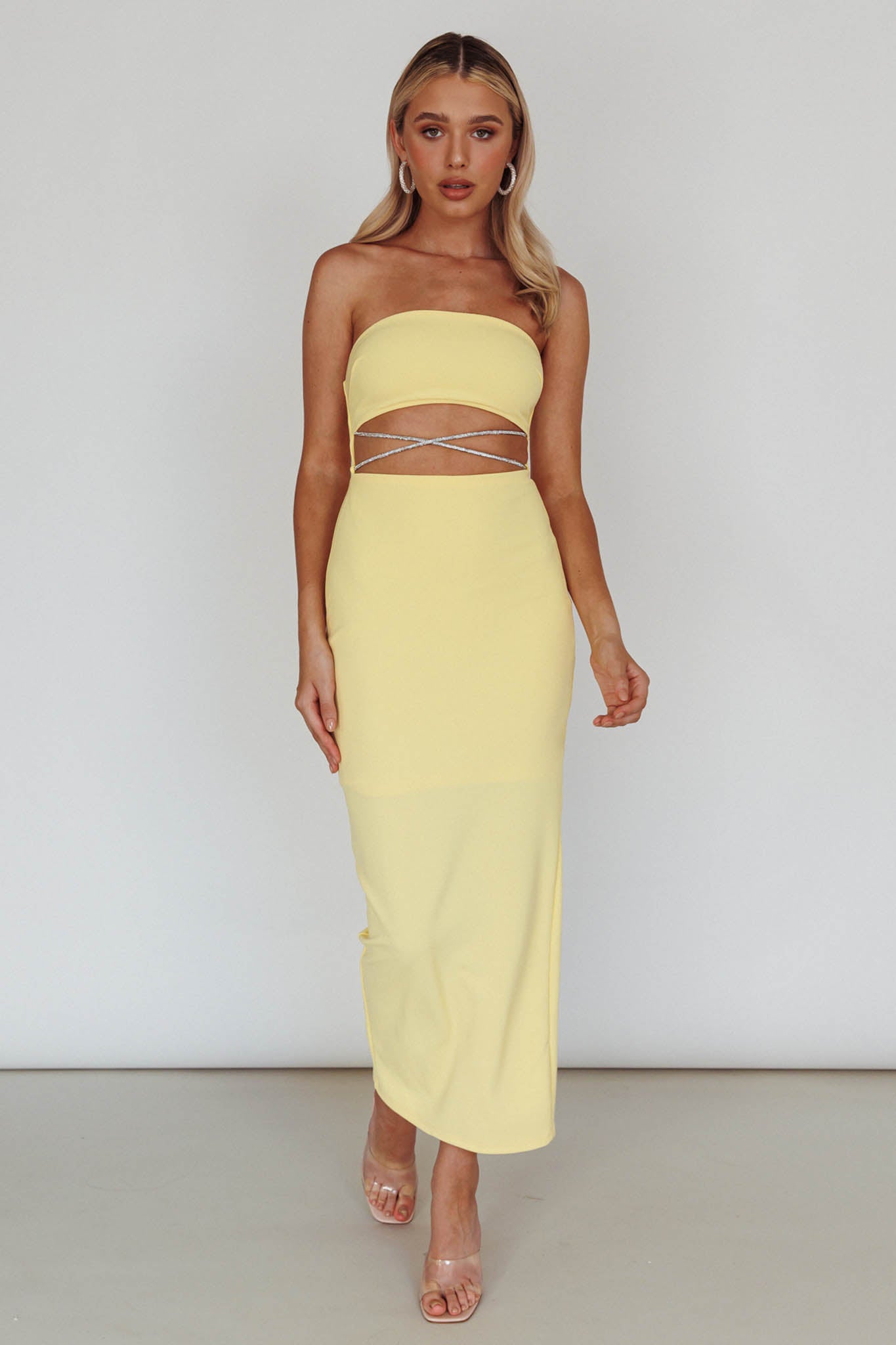 Nohemi Strapless Diamante Midi Dress Yellow by Selfie Leslie Australia