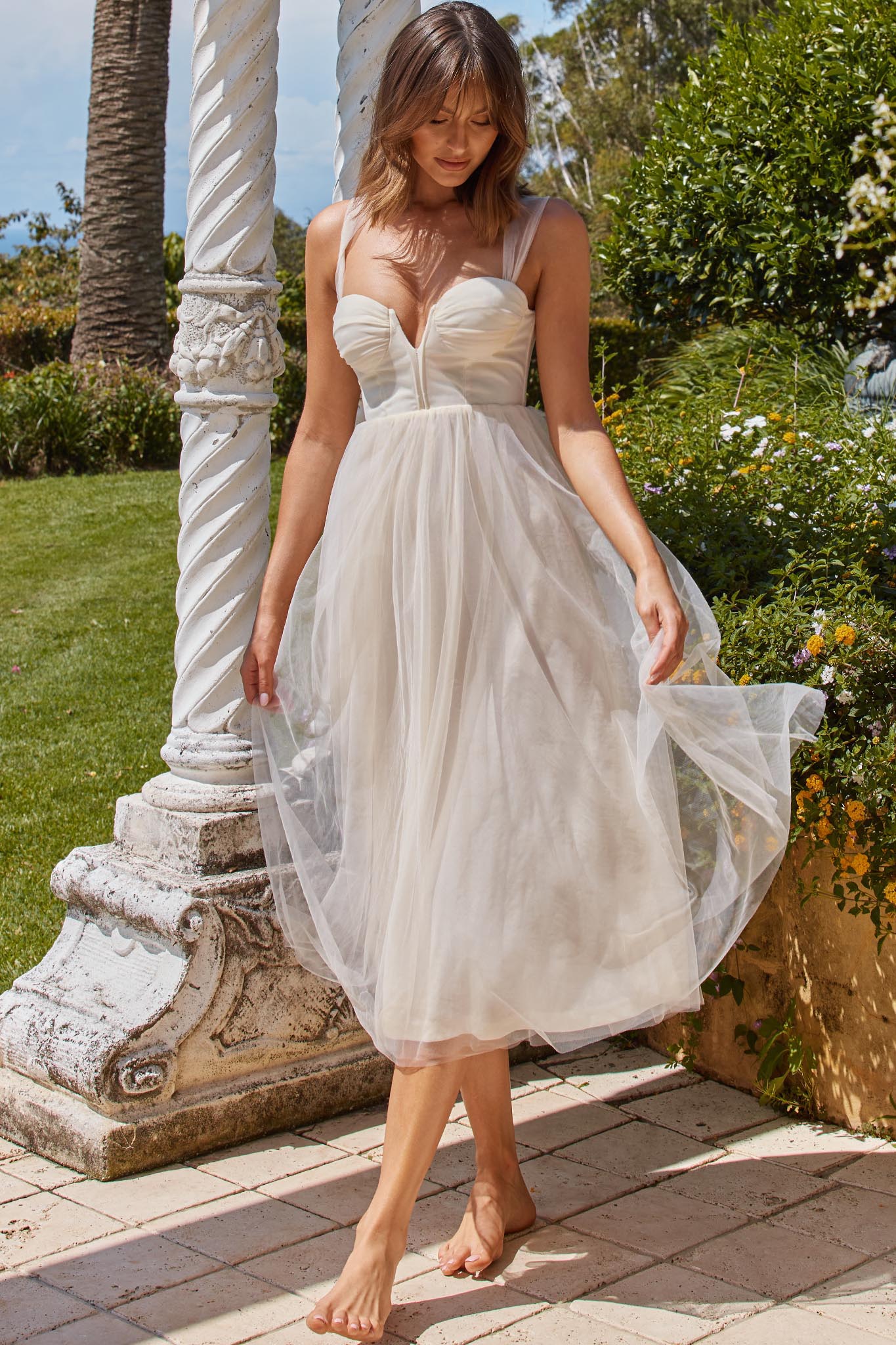 Surreal Lace-Up Back Tulle Midi Dress Butter by Selfie Leslie Australia