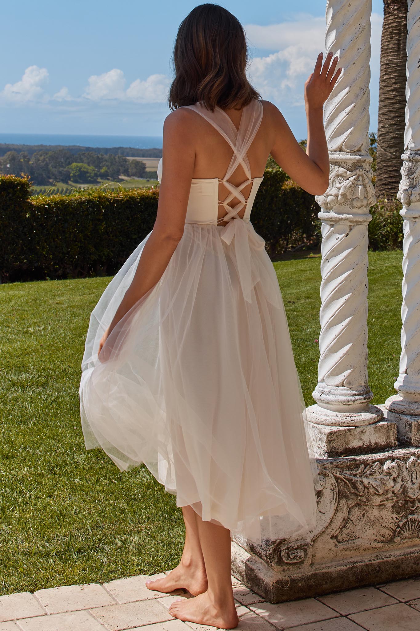 Surreal Lace-Up Back Tulle Midi Dress Butter by Selfie Leslie Australia