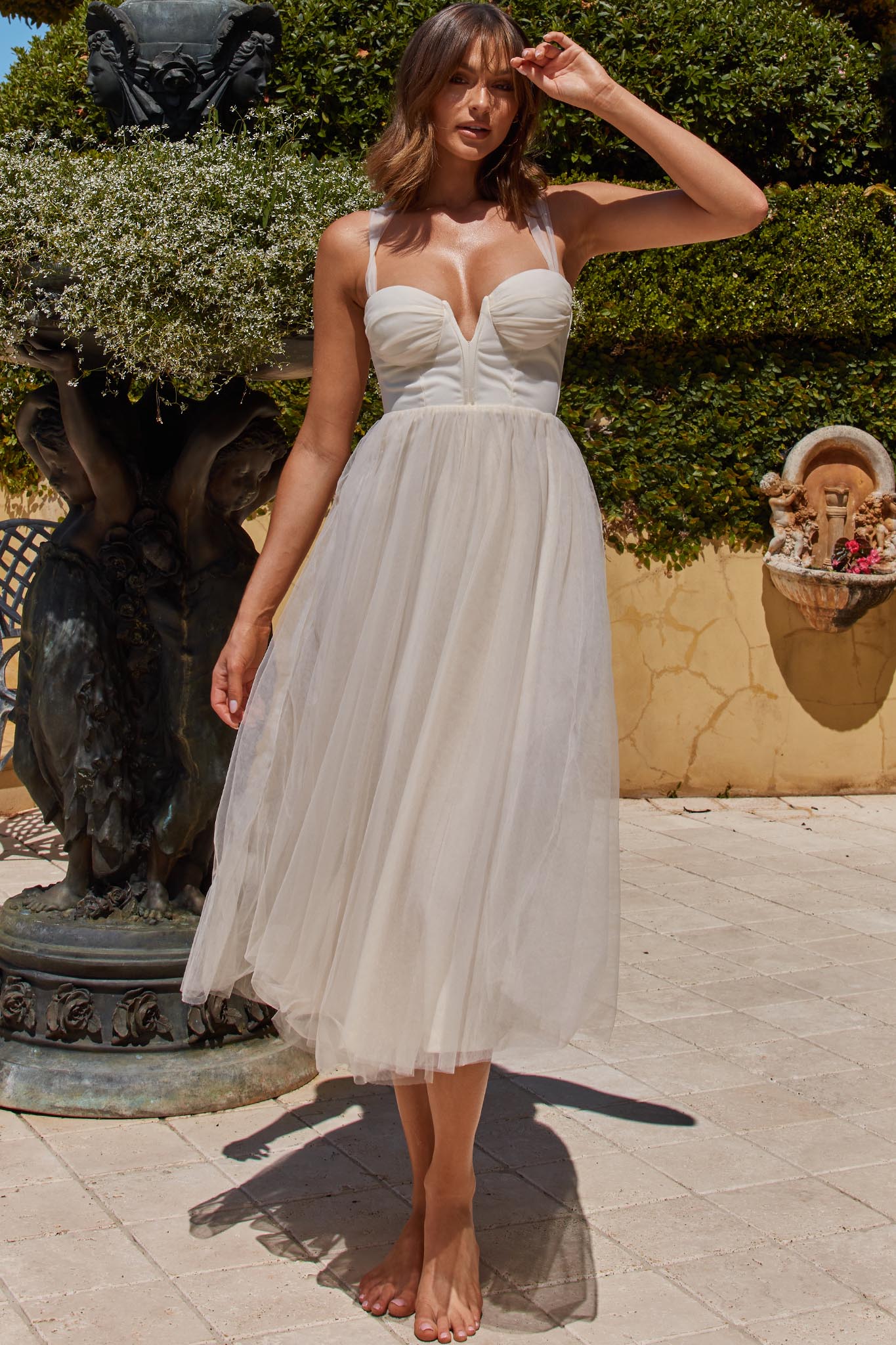 Surreal Lace-Up Back Tulle Midi Dress Butter by Selfie Leslie Australia