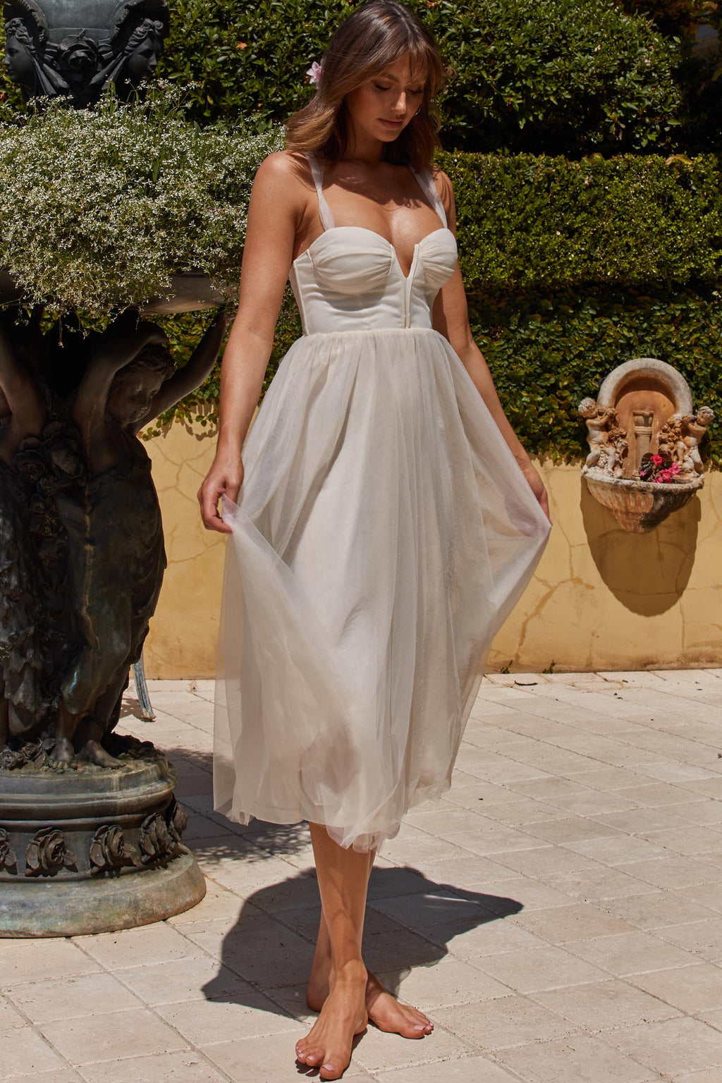 Surreal Lace-Up Back Tulle Midi Dress Butter by Selfie Leslie Australia