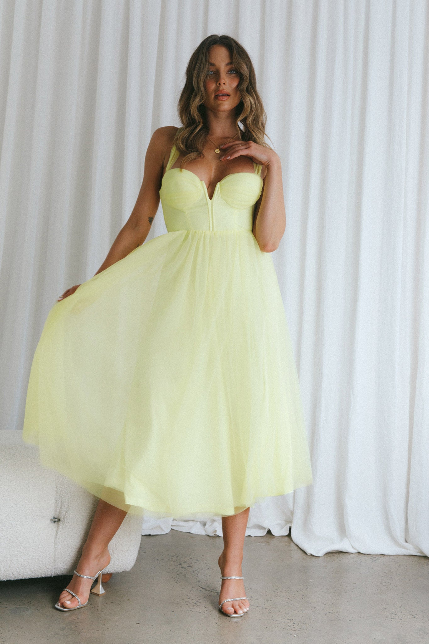 Surreal Lace-Up Back Tulle Midi Dress Lemon by Selfie Leslie