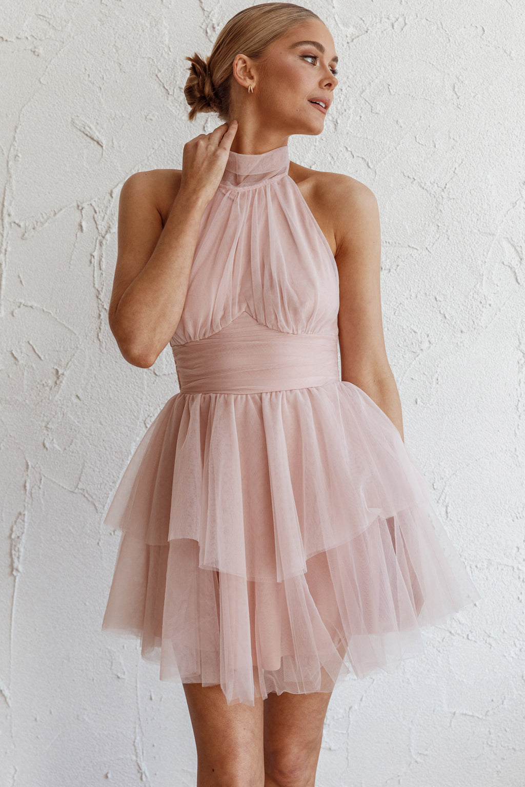 Andria Halterneck Tulle Mini Dress Blush by Selfie Leslie Australia