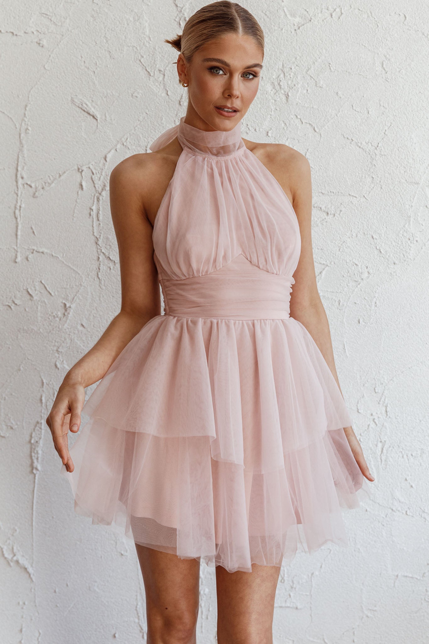 Andria Halterneck Tulle Mini Dress Blush by Selfie Leslie Australia