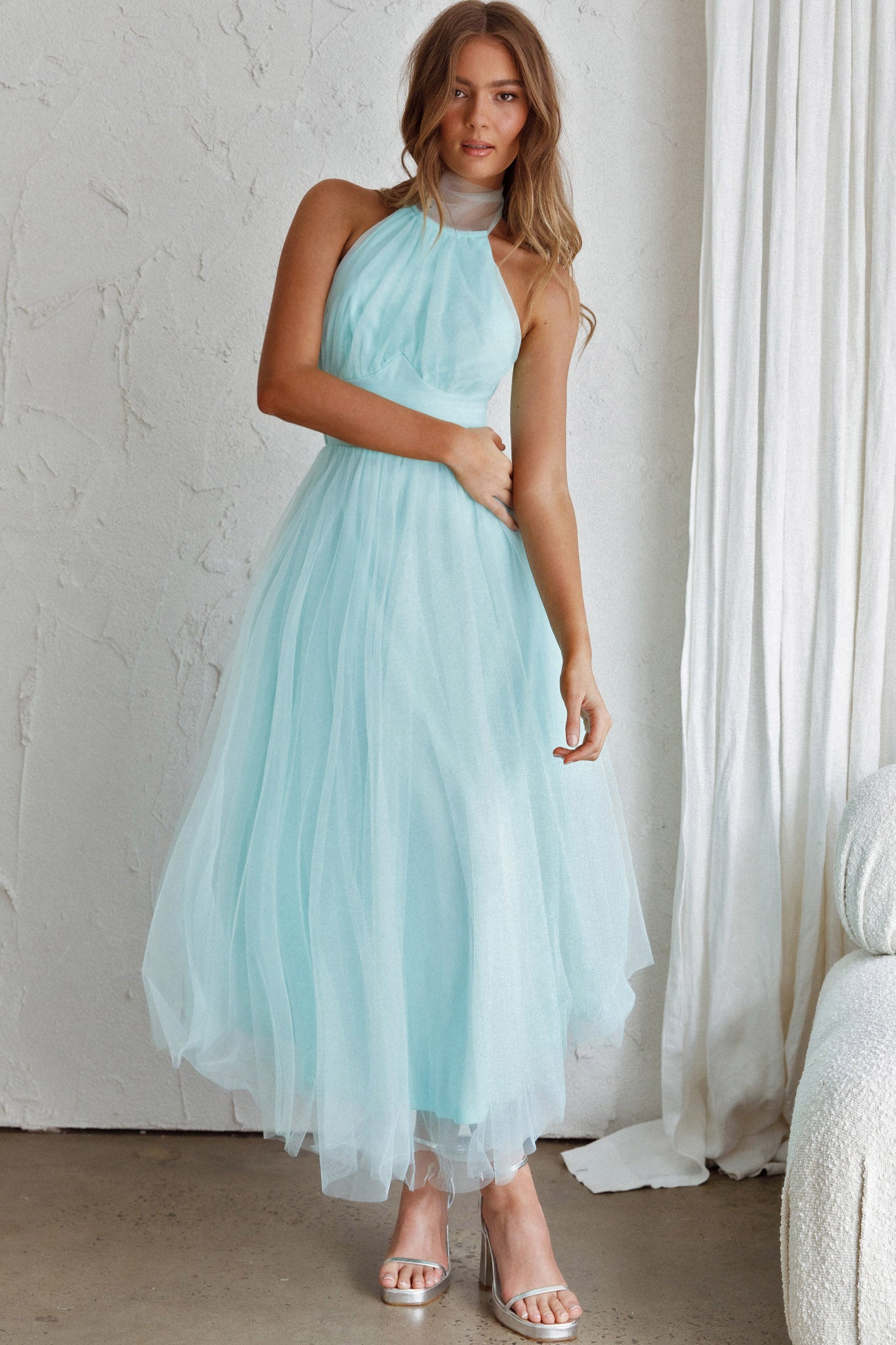 Andria Halterneck Tulle Midi Dress Mint by Selfie Leslie Australia