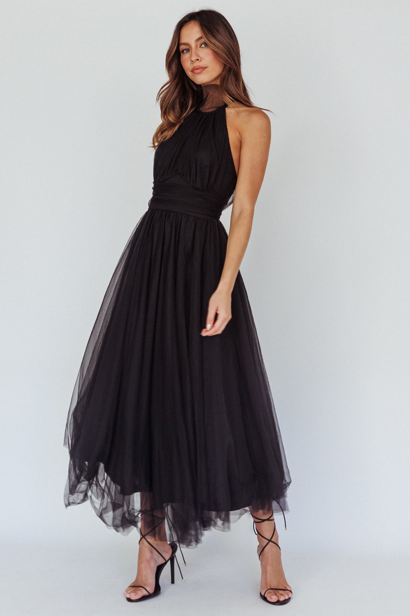 Shop the Andria Halterneck Tulle Midi Dress Black | Selfie Leslie Australia