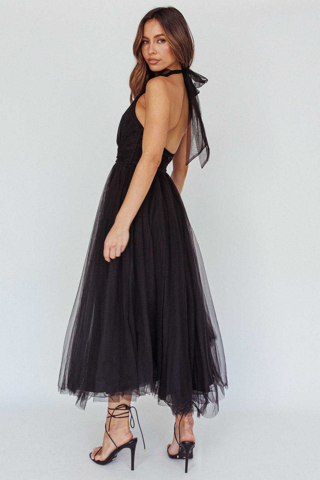 Andria Halterneck Tulle Midi Dress Black by Selfie Leslie Australia