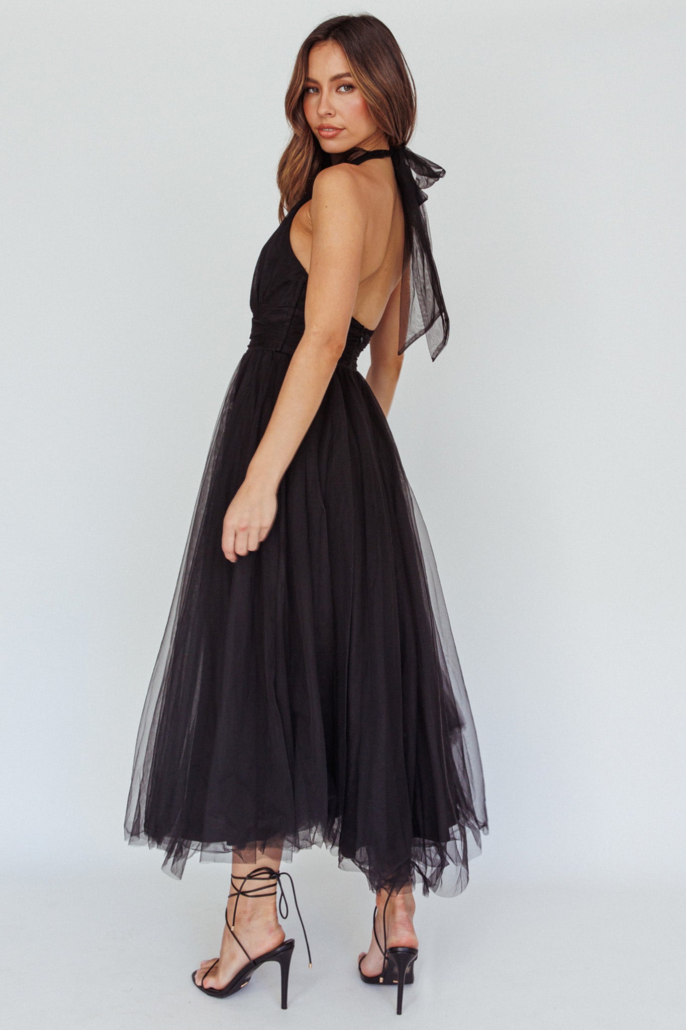 Andria Halterneck Tulle Midi Dress Black by Selfie Leslie Australia