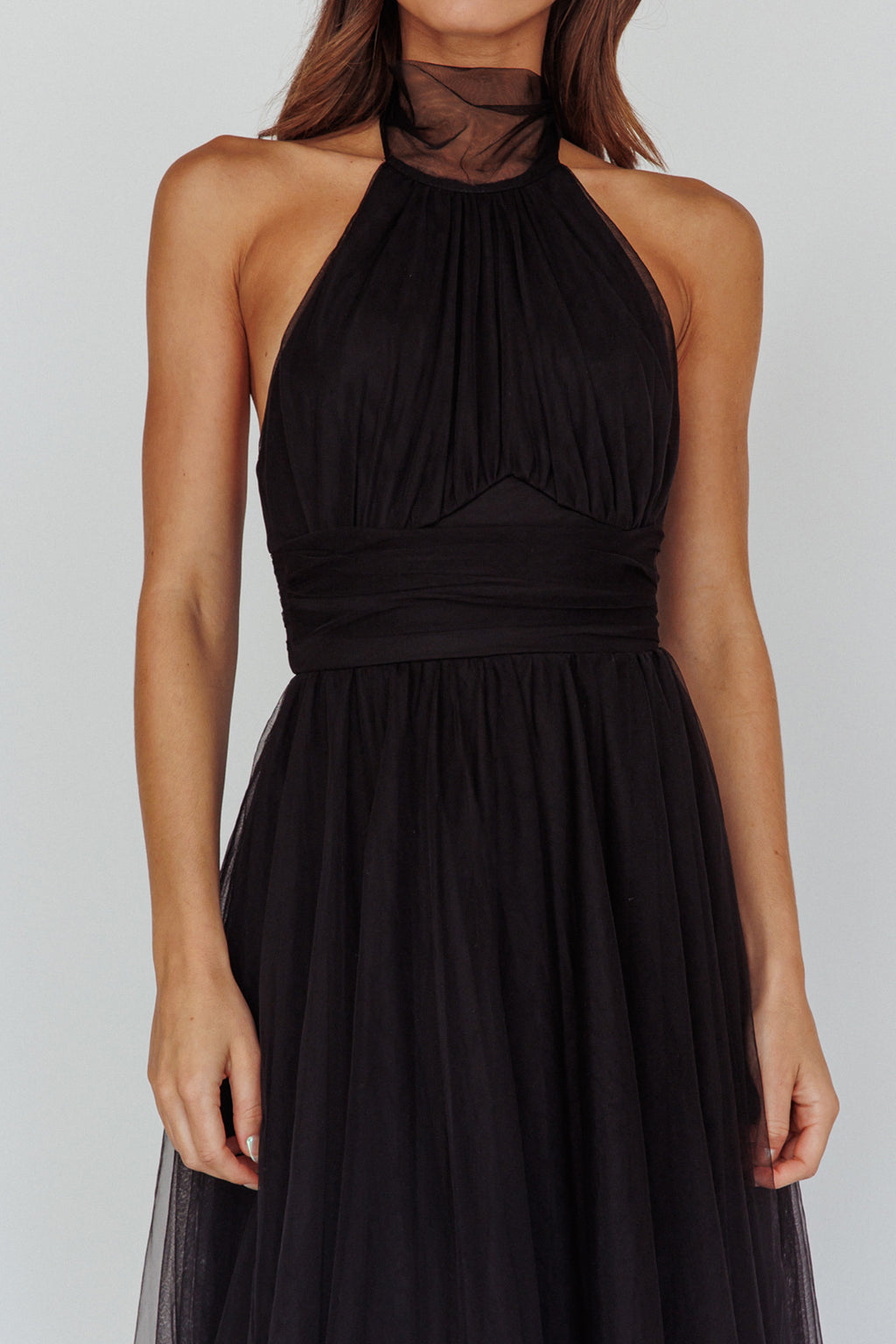Andria Halterneck Tulle Midi Dress Black by Selfie Leslie Australia