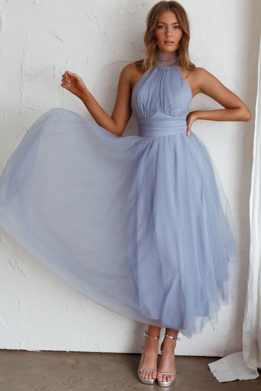 Andria Halterneck Tulle Midi Dress Blue by Selfie Leslie Australia