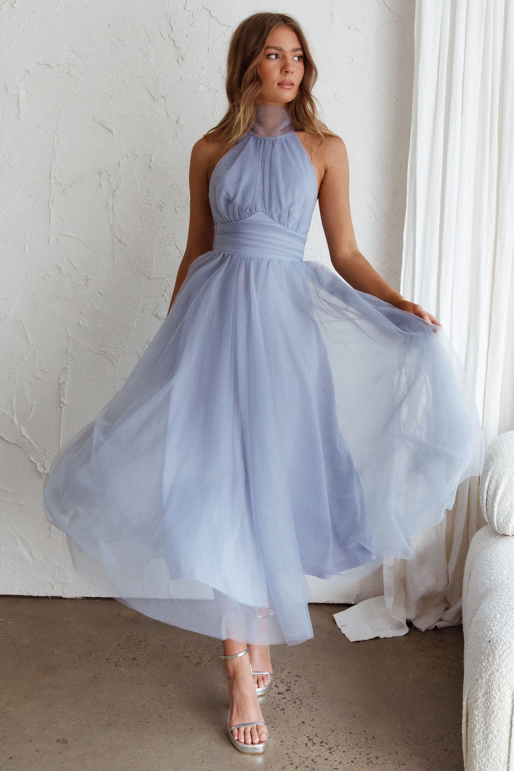 Andria Halterneck Tulle Midi Dress Blue by Selfie Leslie Australia