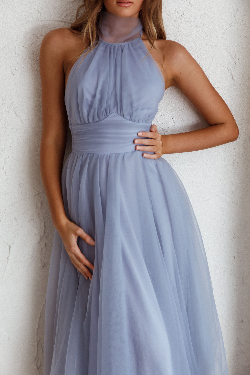 Andria Halterneck Tulle Midi Dress Blue by Selfie Leslie Australia