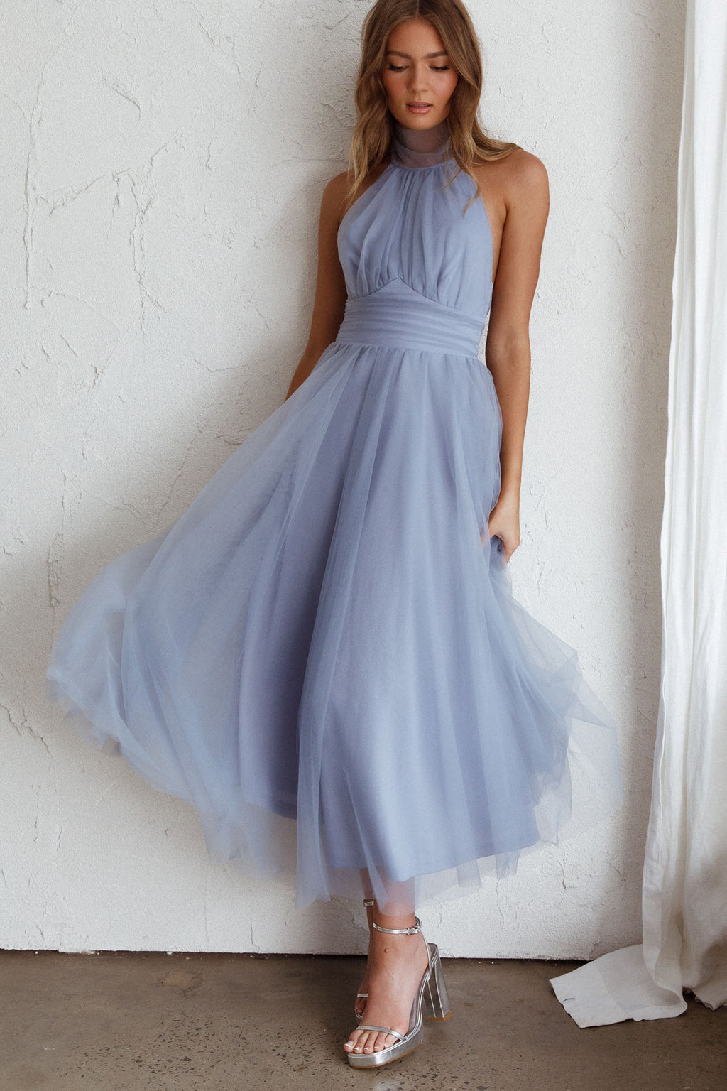 Andria Halterneck Tulle Midi Dress Blue by Selfie Leslie Australia
