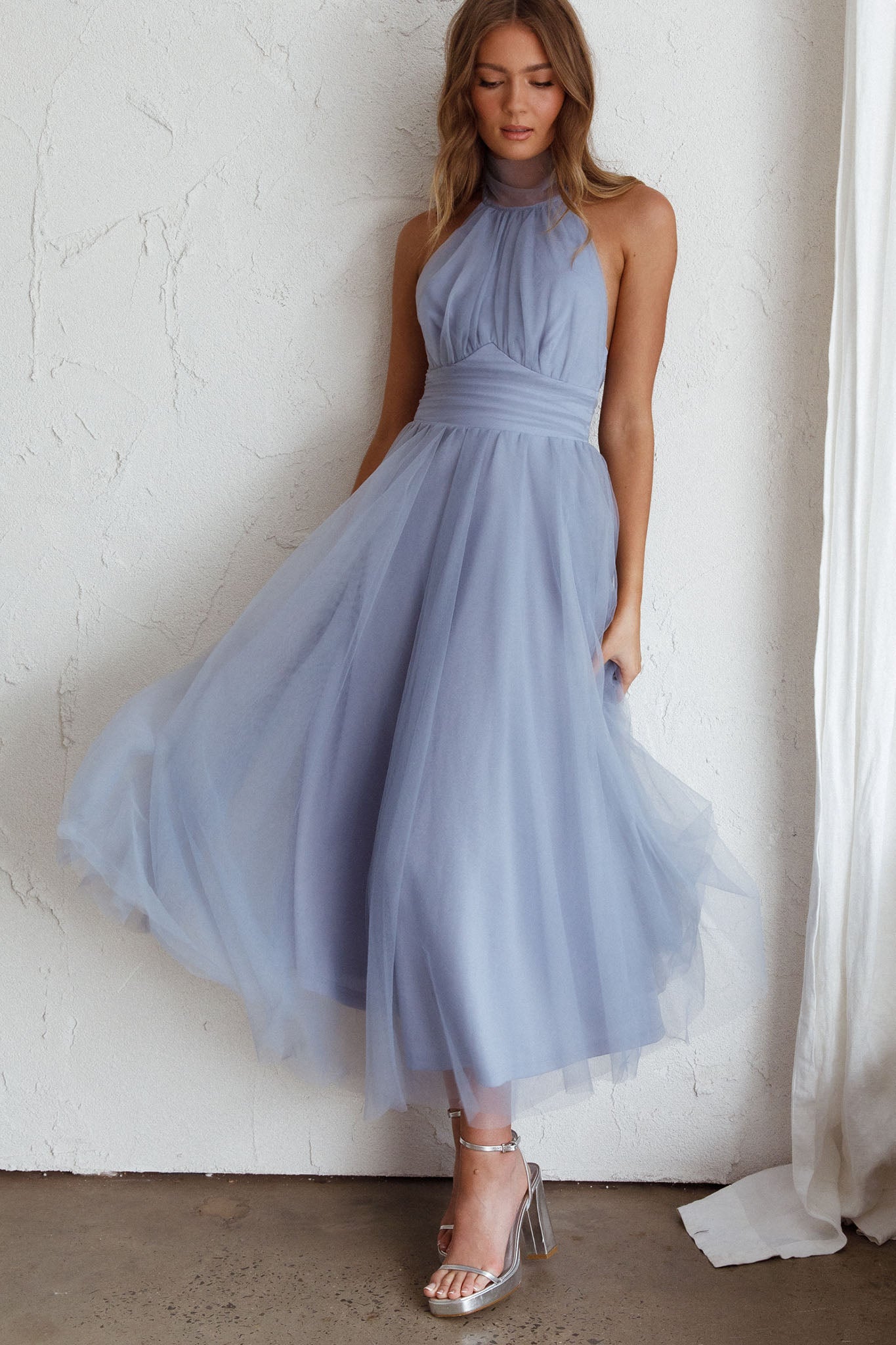 Andria Halterneck Tulle Midi Dress Blue by Selfie Leslie Australia