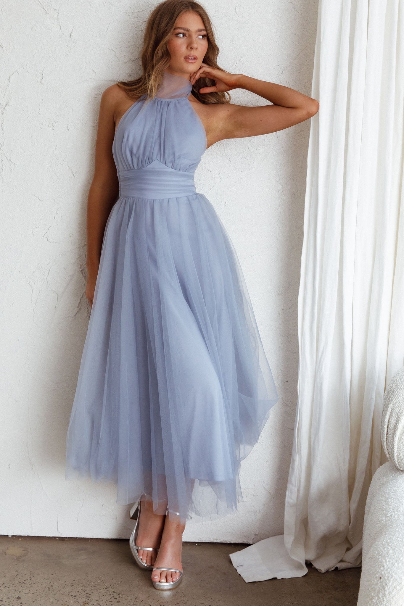 Andria Halterneck Tulle Midi Dress Blue by Selfie Leslie Australia