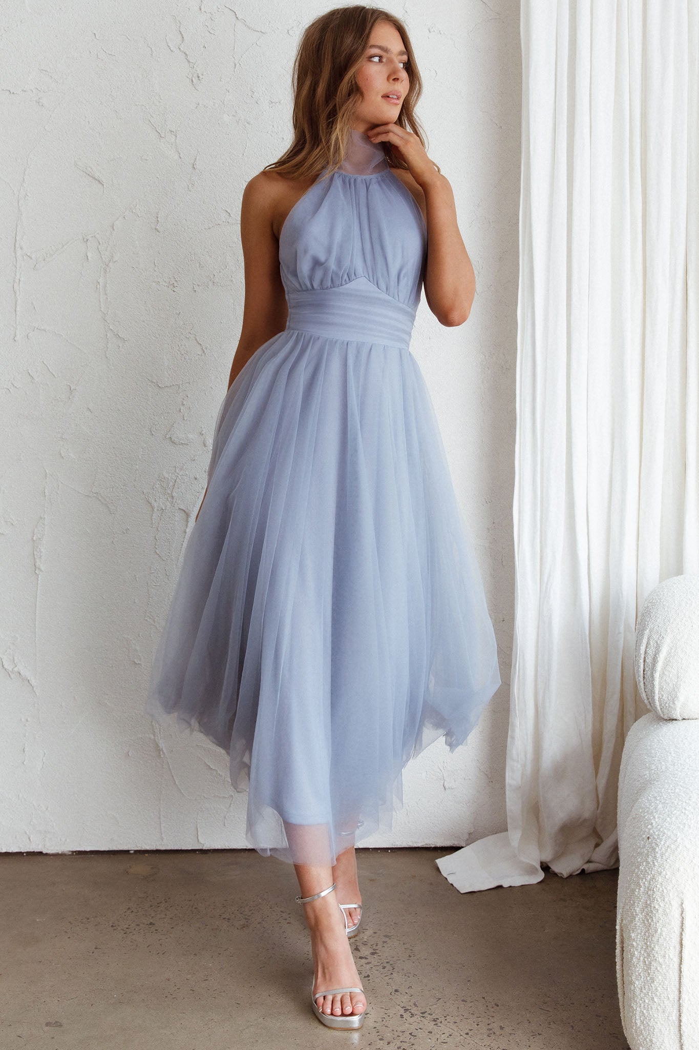 Andria Halterneck Tulle Midi Dress Blue by Selfie Leslie Australia