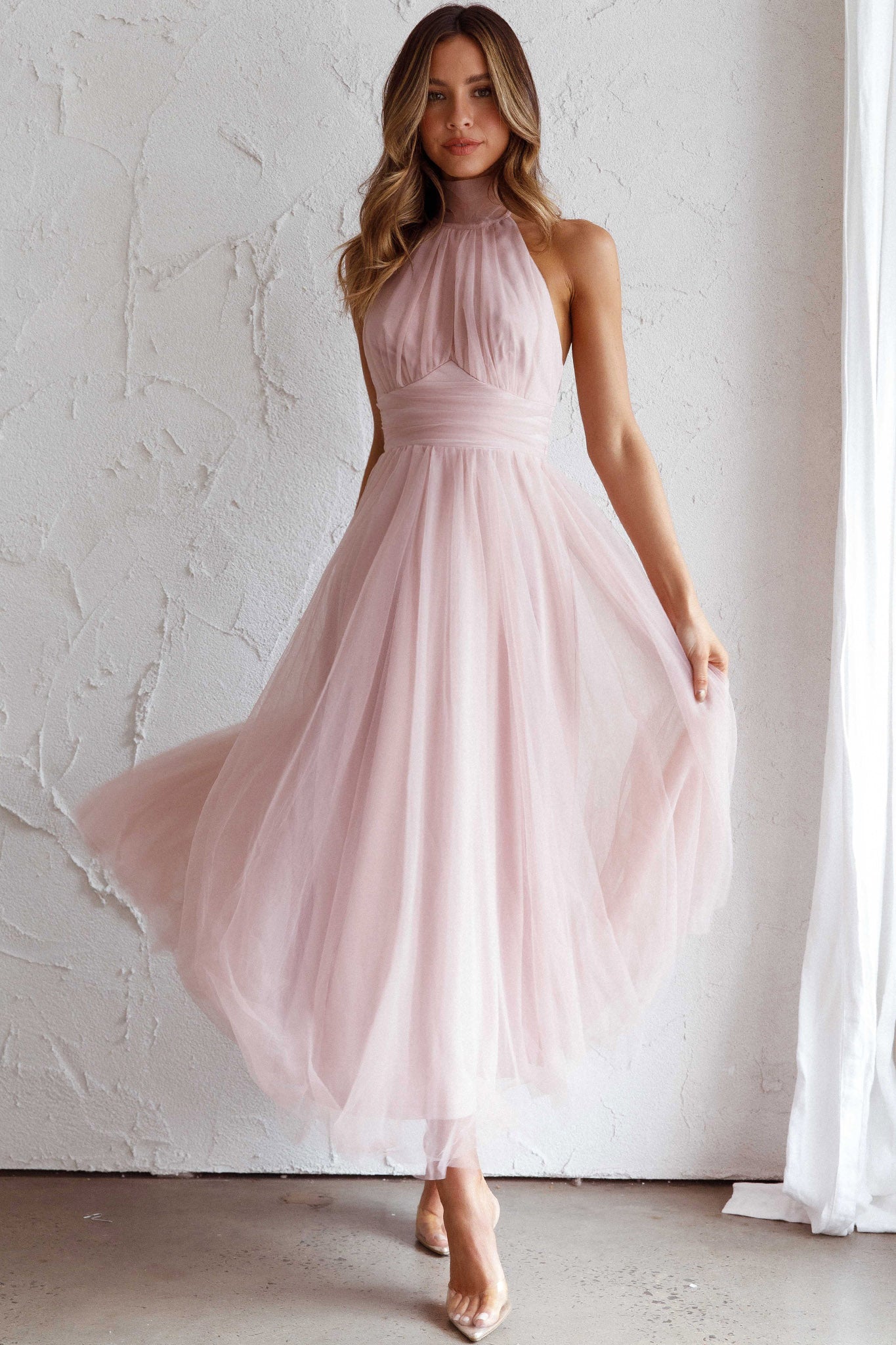 Shop the Andria Halterneck Tulle Midi Dress Blush