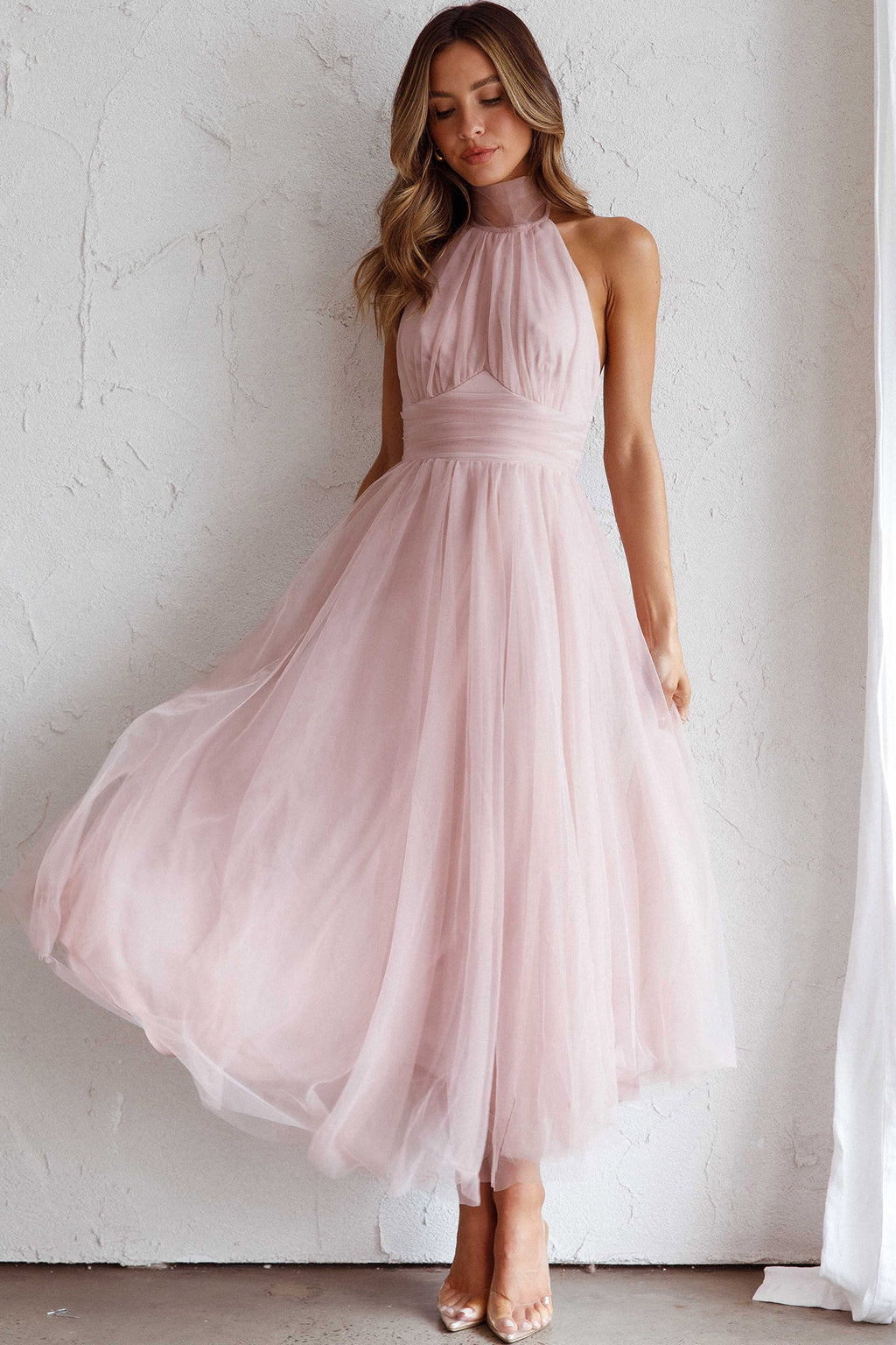 Andria Halterneck Tulle Midi Dress Blush by Selfie Leslie Australia