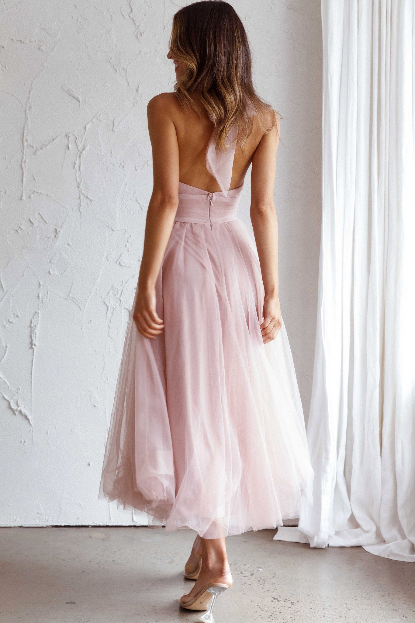 Andria Halterneck Tulle Midi Dress Blush by Selfie Leslie Australia