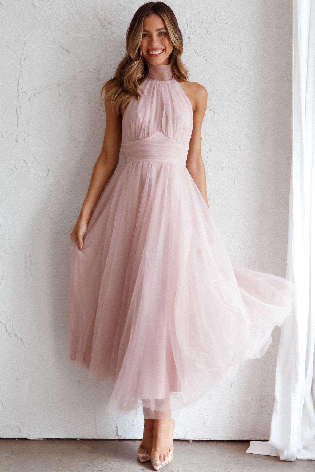 Andria Halterneck Tulle Midi Dress Blush by Selfie Leslie Australia