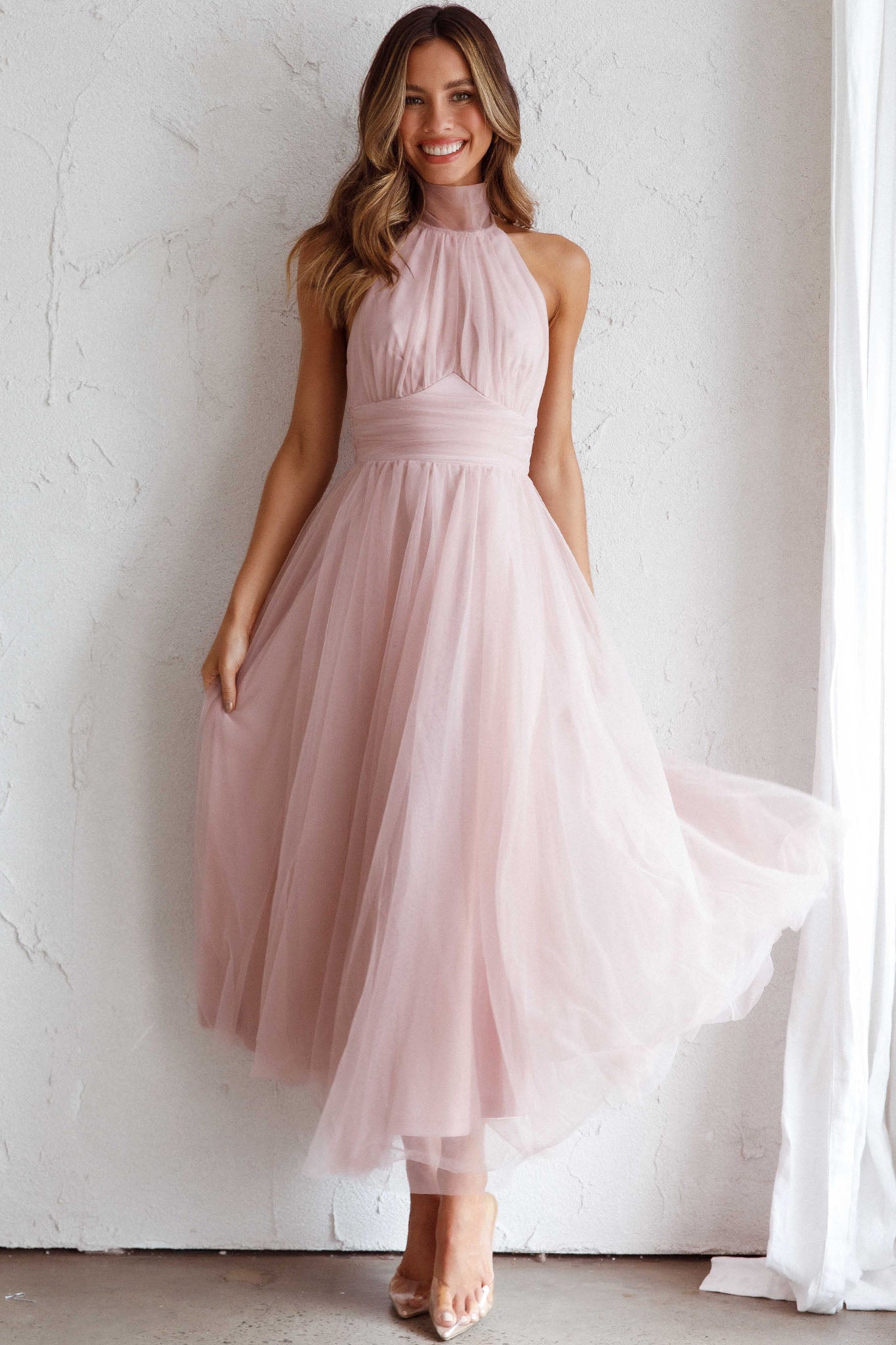 Andria Halterneck Tulle Midi Dress Blush by Selfie Leslie Australia