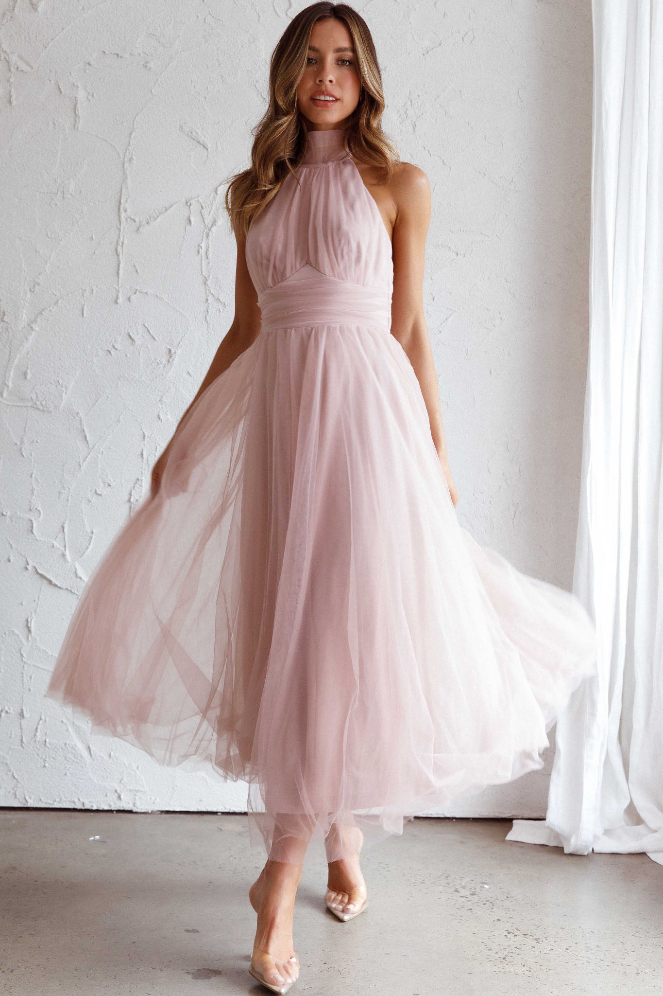 Andria Halterneck Tulle Midi Dress Blush by Selfie Leslie Australia