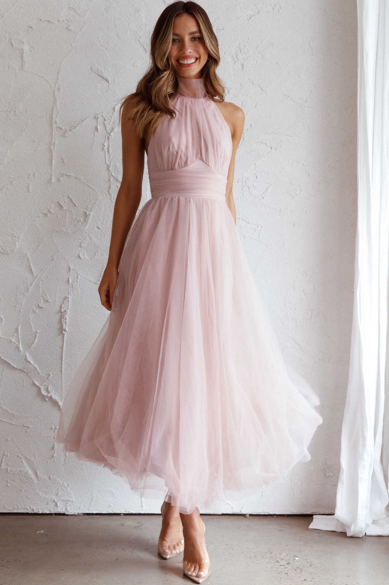 Andria Halterneck Tulle Midi Dress Blush by Selfie Leslie Australia