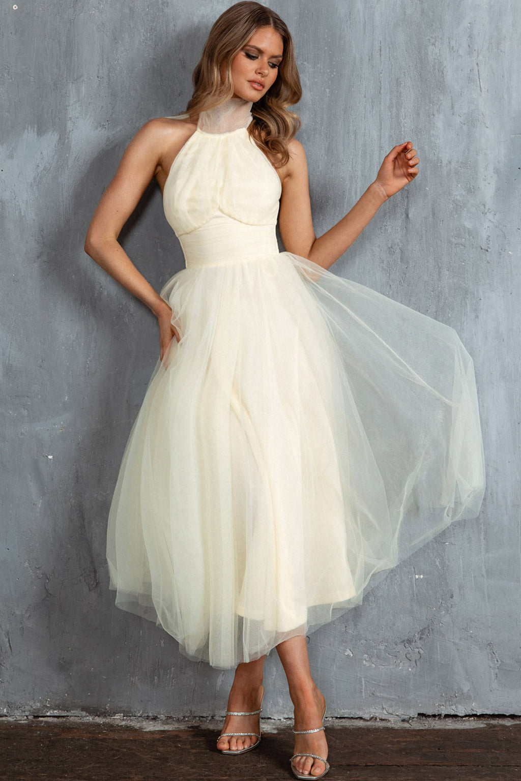 Andria Halterneck Tulle Midi Dress Butter by Selfie Leslie Australia