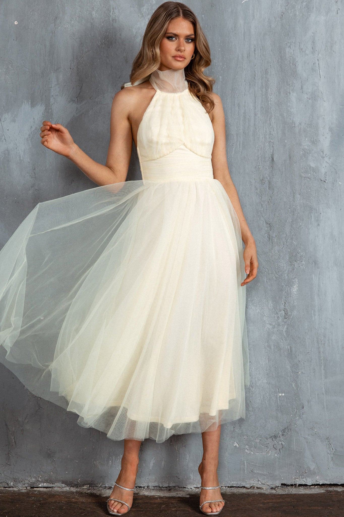 Andria Halterneck Tulle Midi Dress Butter by Selfie Leslie Australia