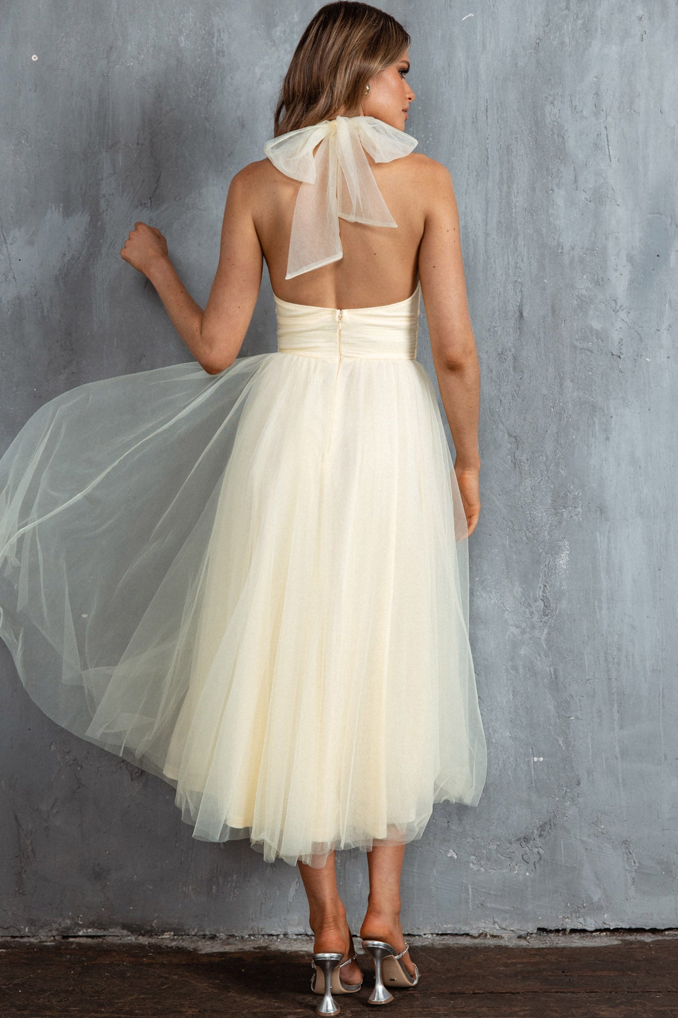 Andria Halterneck Tulle Midi Dress Butter by Selfie Leslie Australia
