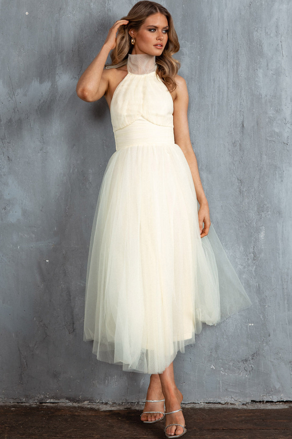 Andria Halterneck Tulle Midi Dress Butter by Selfie Leslie Australia