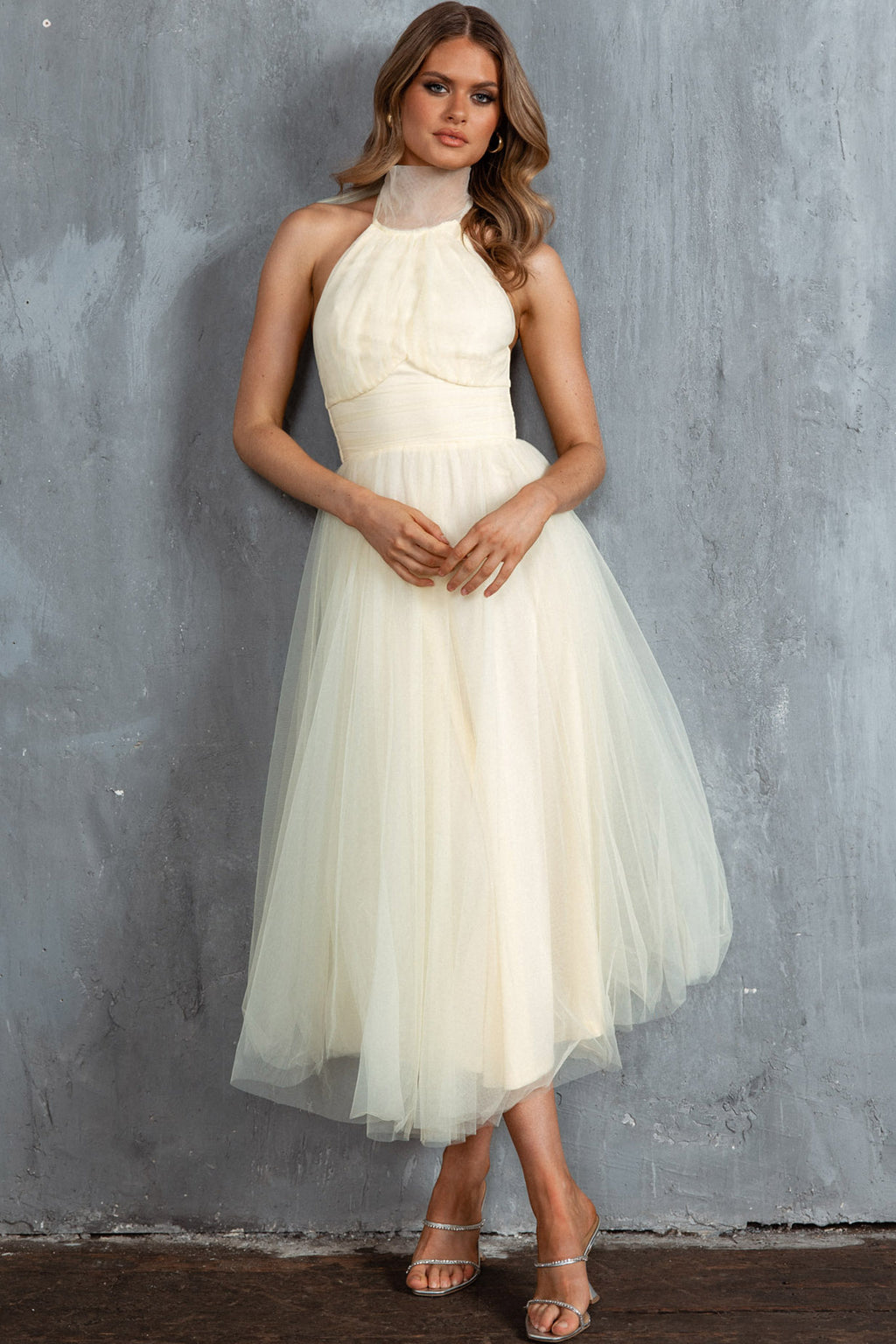 Andria Halterneck Tulle Midi Dress Butter by Selfie Leslie Australia