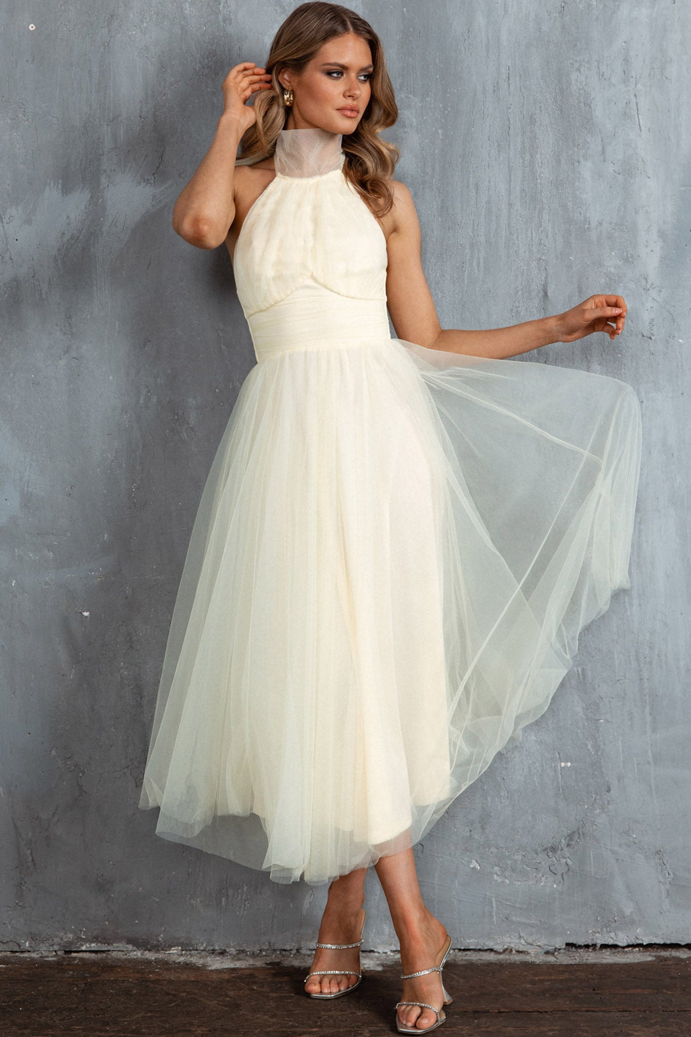 Andria Halterneck Tulle Midi Dress Butter by Selfie Leslie Australia