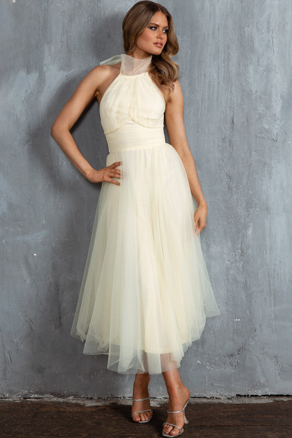 Andria Halterneck Tulle Midi Dress Butter by Selfie Leslie Australia