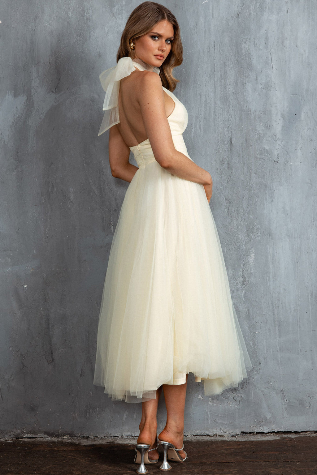 Andria Halterneck Tulle Midi Dress Butter by Selfie Leslie Australia