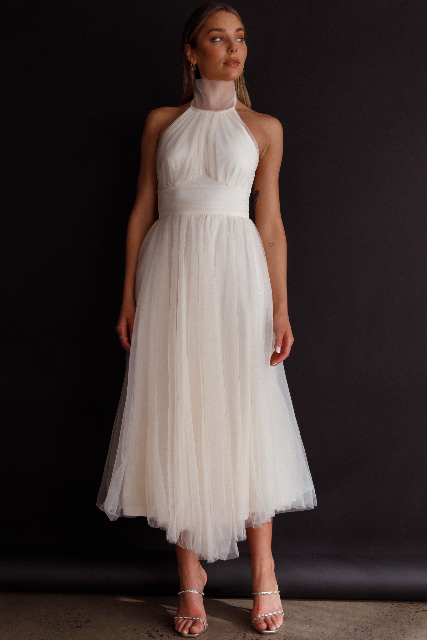 Andria Halterneck Tulle Midi Dress Ivory by Selfie Leslie