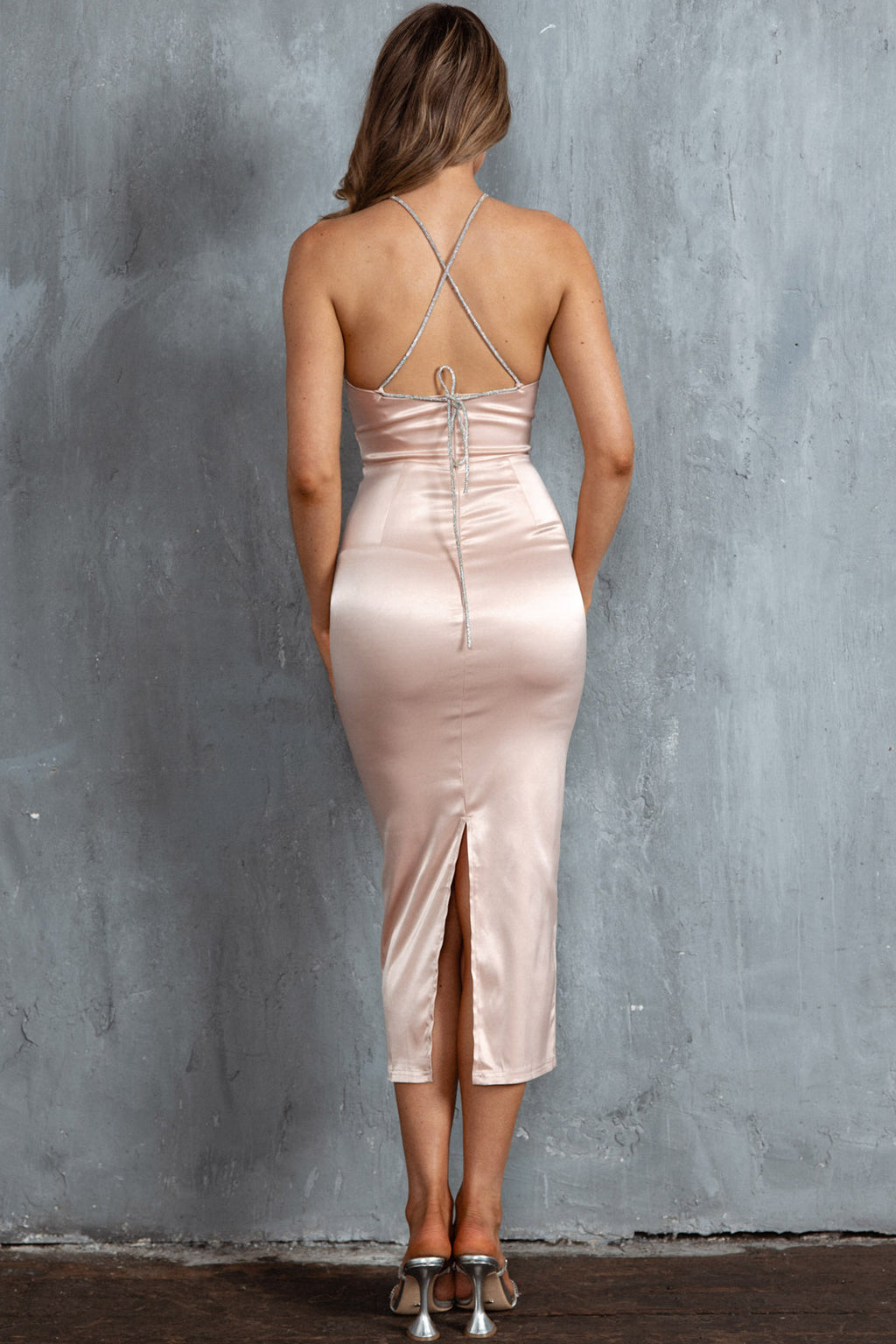 Slow Dance Diamante Strap Midi Dress Blush by Selfie Leslie Australia