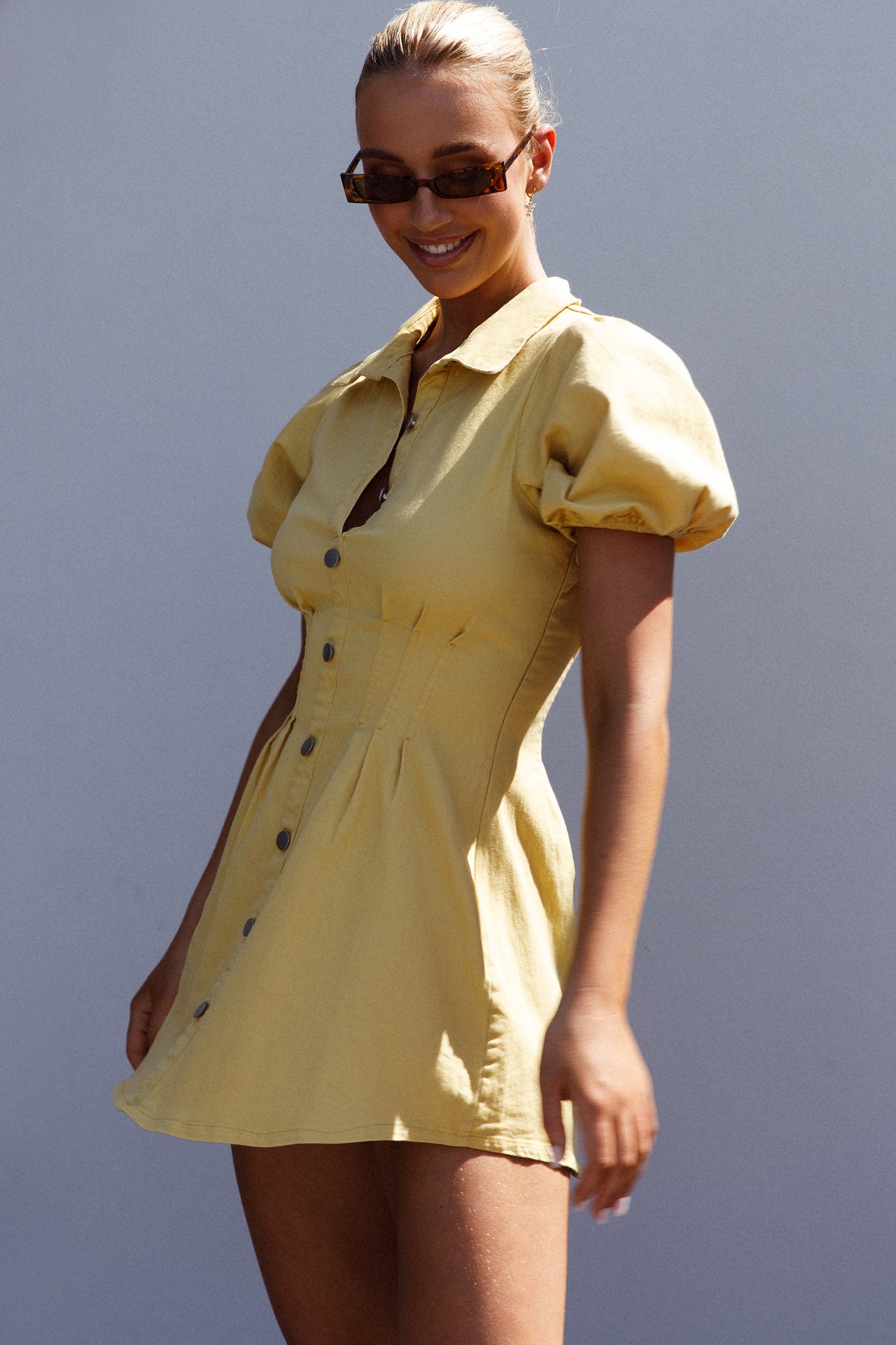 Zurich Pleated Waist Shirt Dress Light Yellow by Selfie Leslie Australia