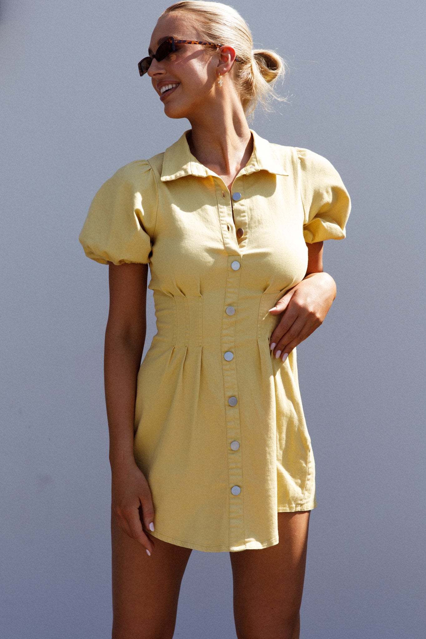 Zurich Pleated Waist Shirt Dress Light Yellow by Selfie Leslie Australia