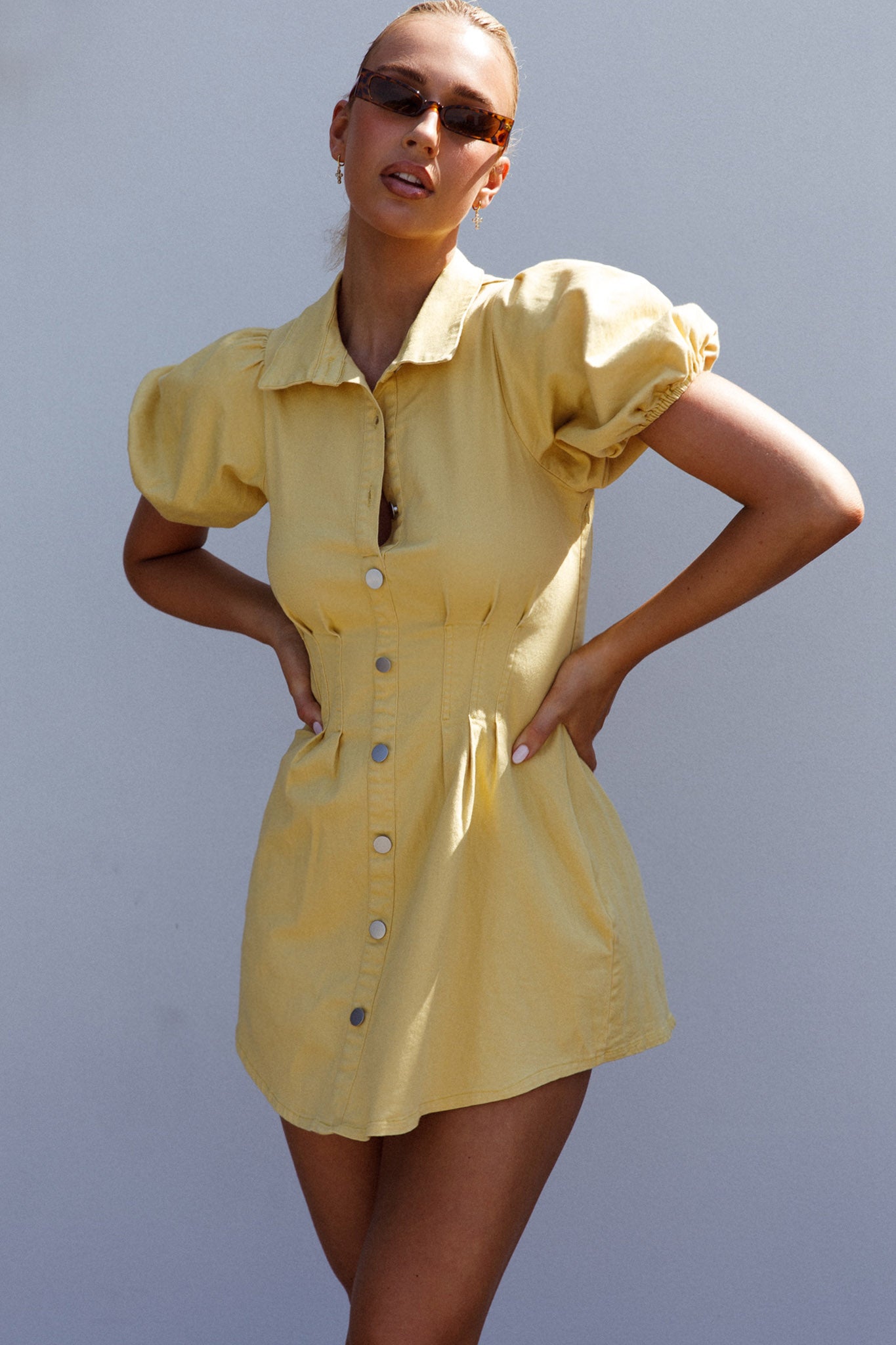 Zurich Pleated Waist Shirt Dress Light Yellow by Selfie Leslie Australia