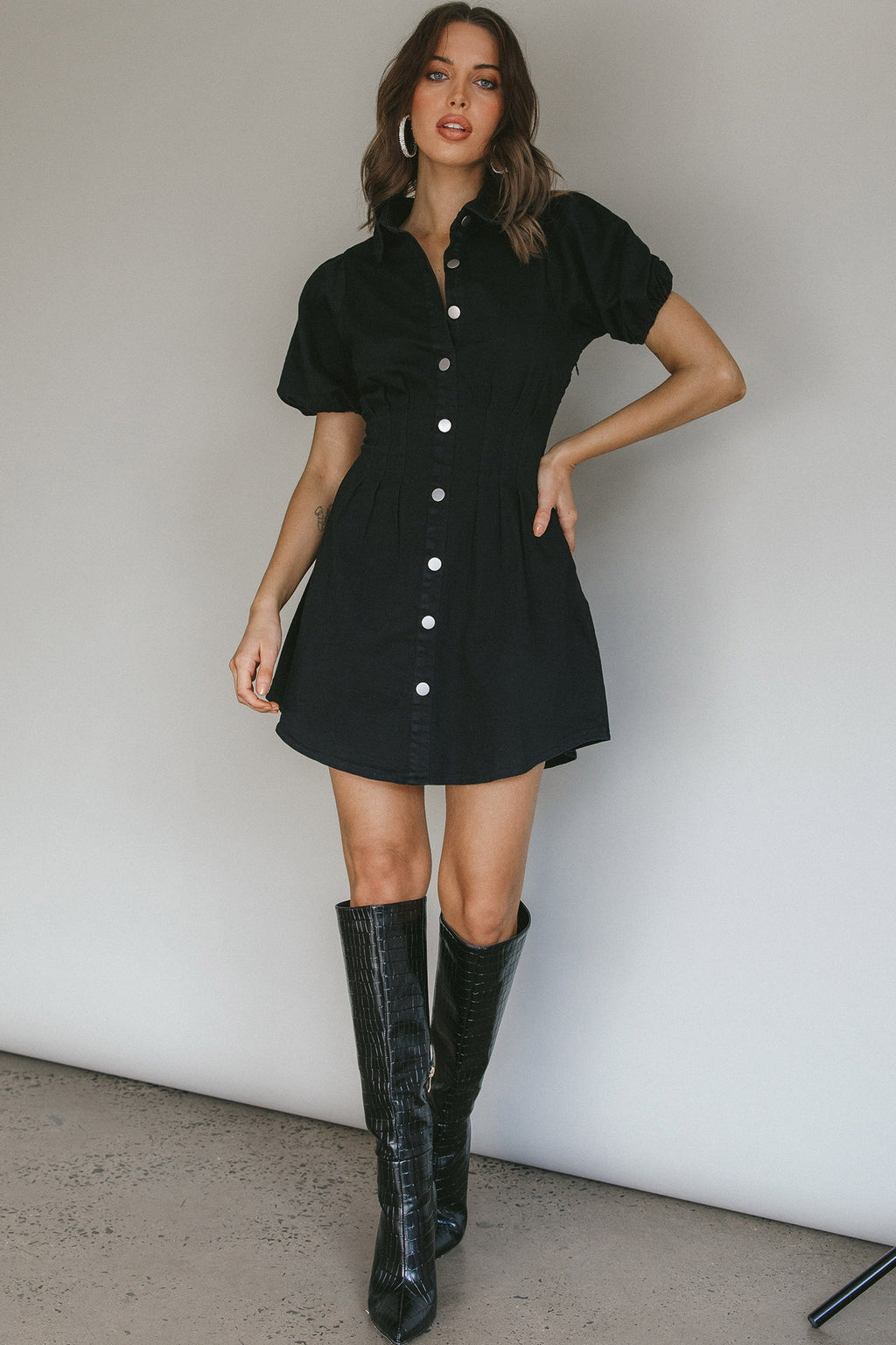 Zurich Pleated Waist Shirt Dress Black by Selfie Leslie Australia