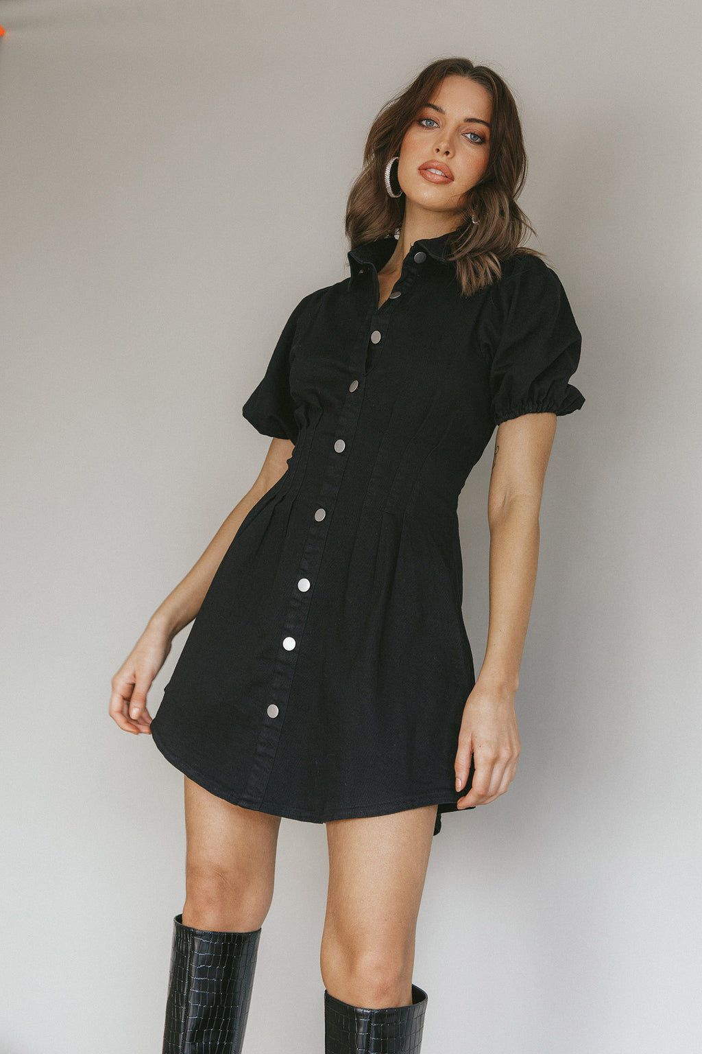 Zurich Pleated Waist Shirt Dress Black by Selfie Leslie Australia