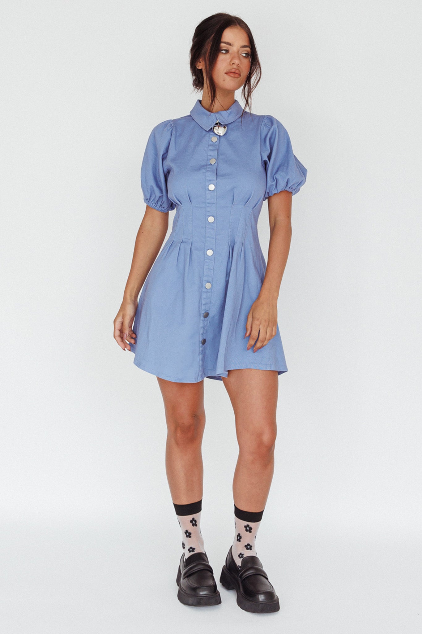 Zurich Pleated Waist Shirt Dress Blue by Selfie Leslie Australia
